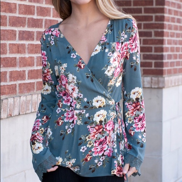 Teal Floral Wrap top - Picture 3 of 7